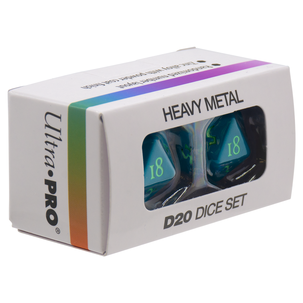 Ultra-PRO Heavy Metal D20 Dice Set box, displaying two teal D20 dice with green numbers