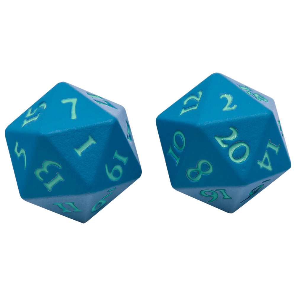Pair of teal D20 dice with bright green numbers on a white background