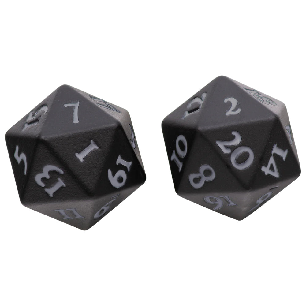 Two black 20-sided dice with white numbers
