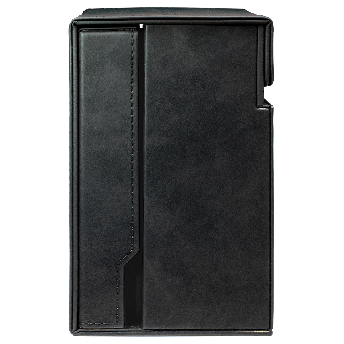 Black textured case with vertical stitching and a side access cutout