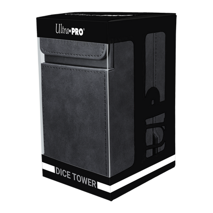 Ultra Pro black box with clear window, containing a dark grey dice tower and box explicitly labeled 'Dice Tower'