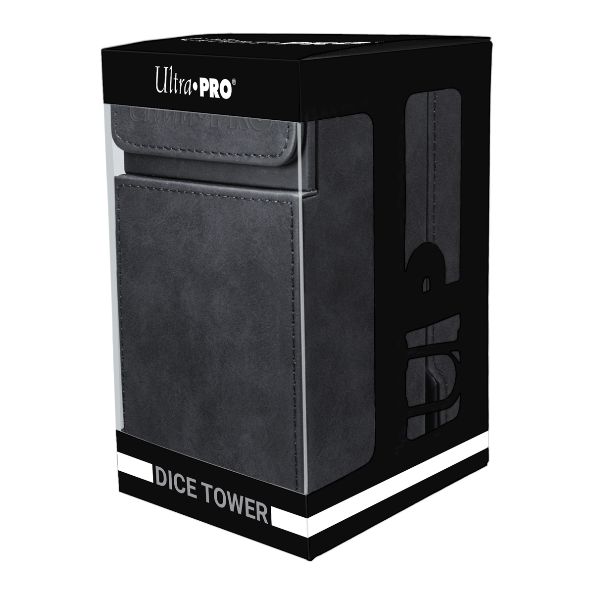 Ultra Pro black box with clear window, containing a dark grey dice tower and box explicitly labeled 'Dice Tower'