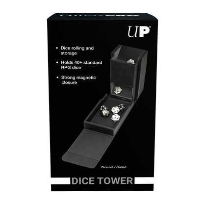 Black Ultra Pro Dice Tower, open, revealing dice in its rolling tray and designed for storing 40+ RPG dice