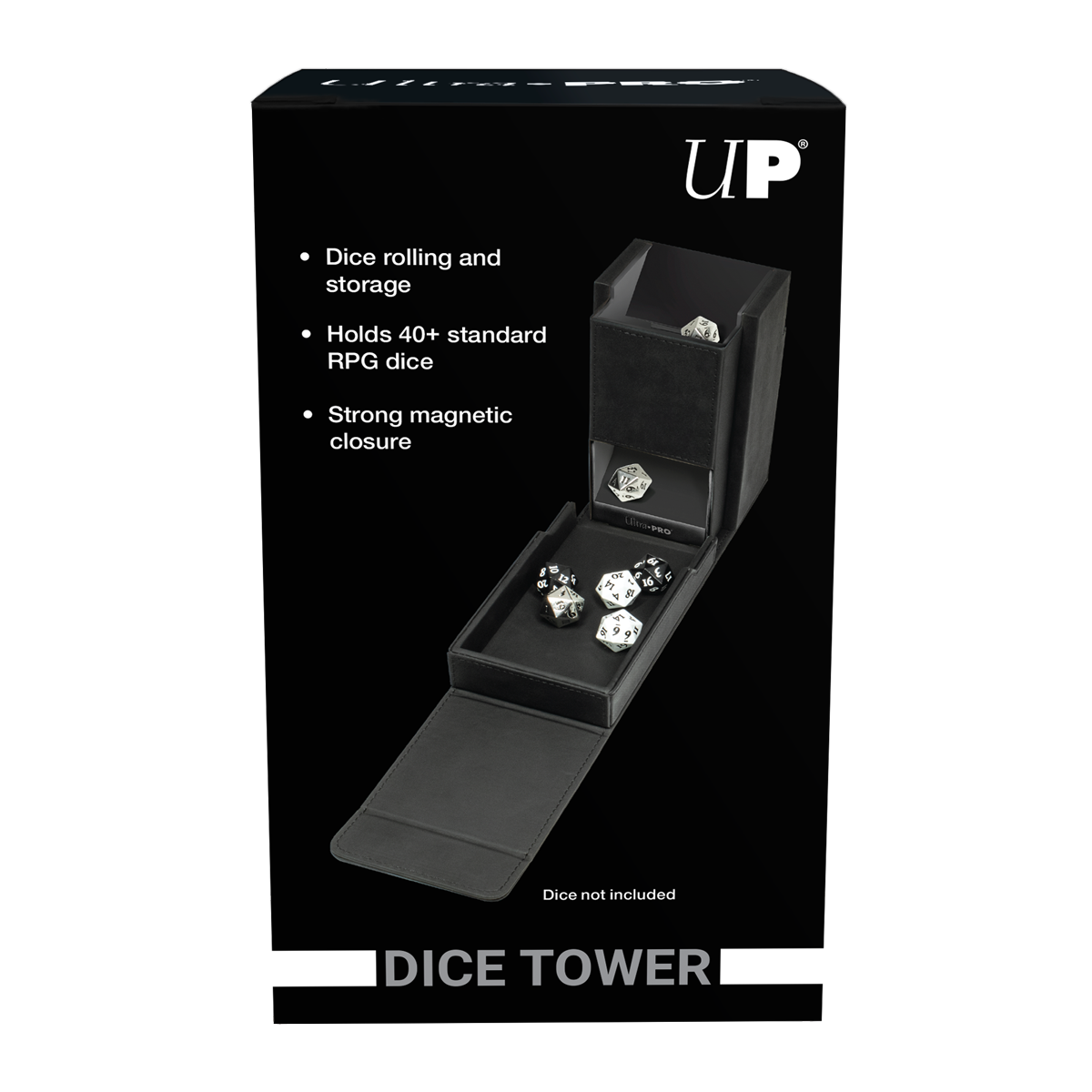 Black Ultra Pro Dice Tower, open, revealing dice in its rolling tray and designed for storing 40+ RPG dice