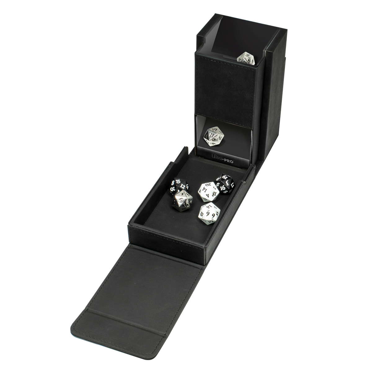 An open black dice storage box revealing various polyhedral gaming dice in a tray and a top compartment