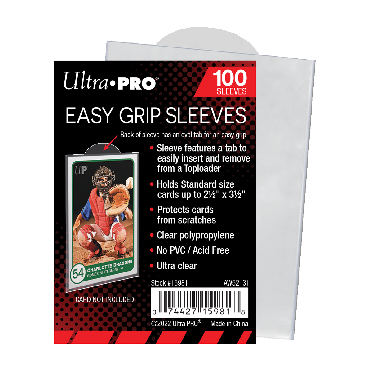 Ultra PRO Easy Grip Sleeves package showing 100 clear protective sleeves for standard trading cards, with a baseball card inside