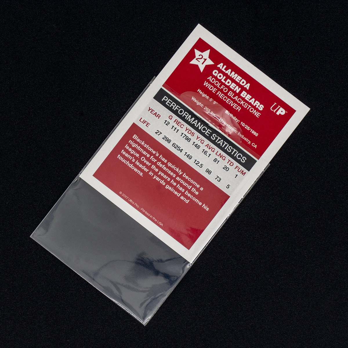 A red and white sports trading card for Adolfo Blackstone of the Alameda Golden Bears, showing stats, inside a plastic sleeve
