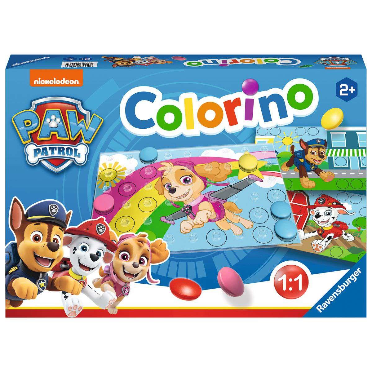 Nickelodeon PAW Patrol Colorino game box (2+), shows pups Skye, Chase, and Marshall with colourful peg pieces and a rainbow game board