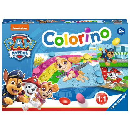 Nickelodeon PAW Patrol Colorino game box (2+), shows pups Skye, Chase, and Marshall with colourful peg pieces and a rainbow game board