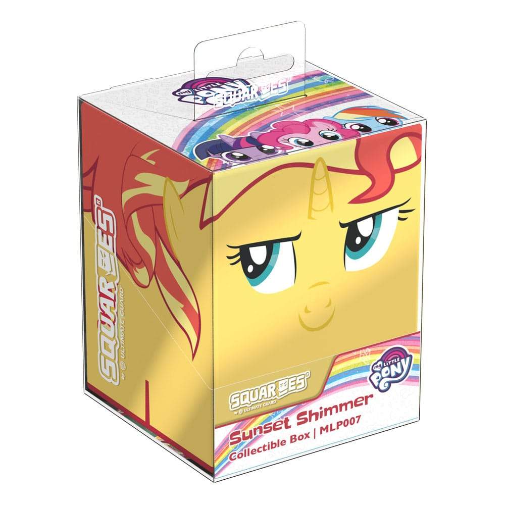 A yellow Squaroe collectible box for My Little Pony featuring Sunset Shimmer&#39;s face on the front and her mane on the side, with a rainbow stripe