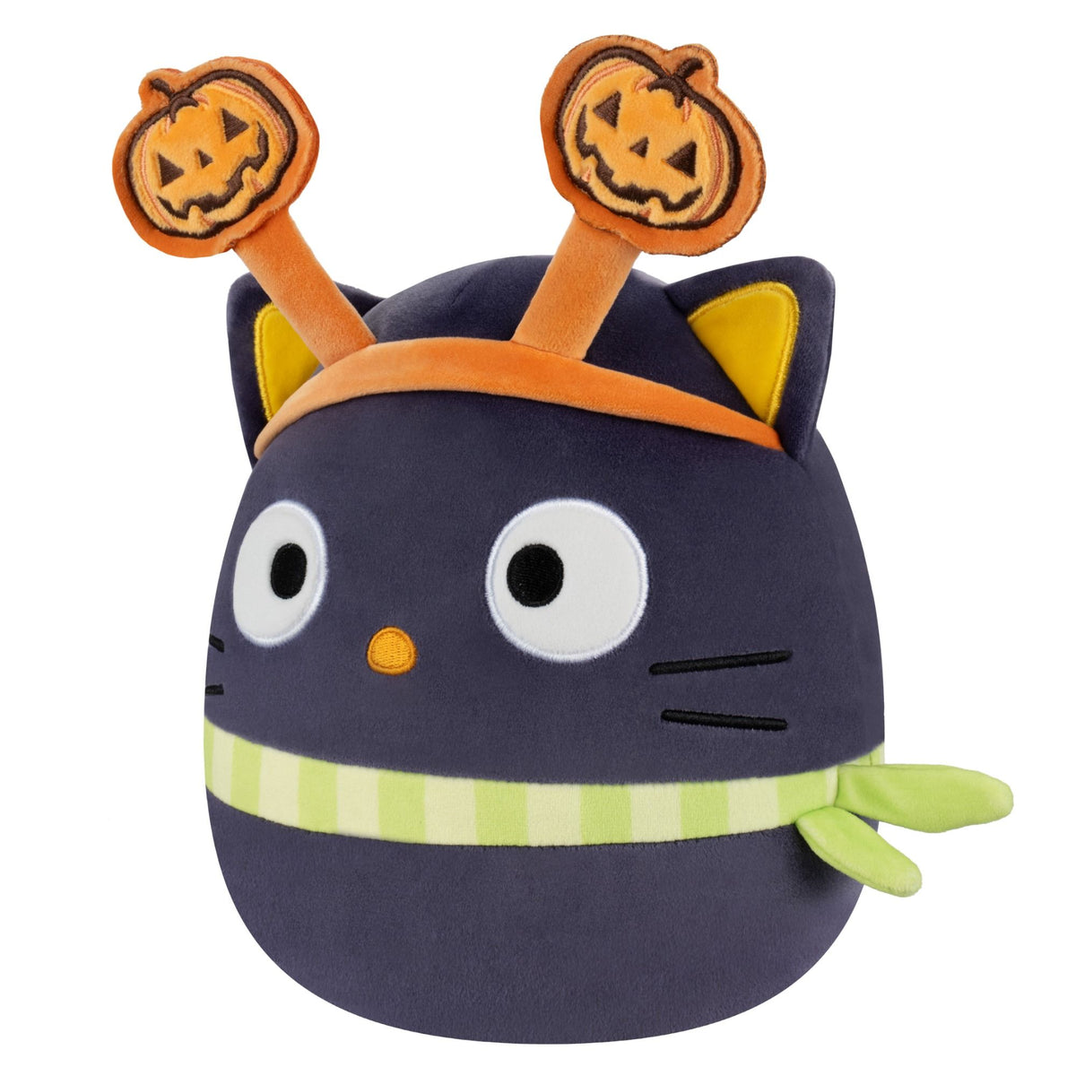 This dark purple Squishmallow cat plush wears an orange pumpkin headband and a light green and white striped scarf