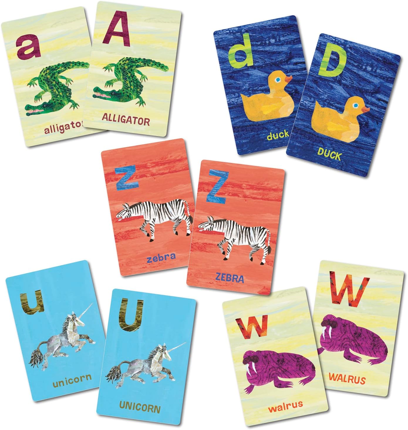 Colourful educational flashcards featuring illustrated animals (alligator, duck, zebra, unicorn, walrus) matched with corresponding upper and lowercase letters
