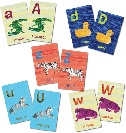 Colourful educational flashcards featuring illustrated animals (alligator, duck, zebra, unicorn, walrus) matched with corresponding upper and lowercase letters