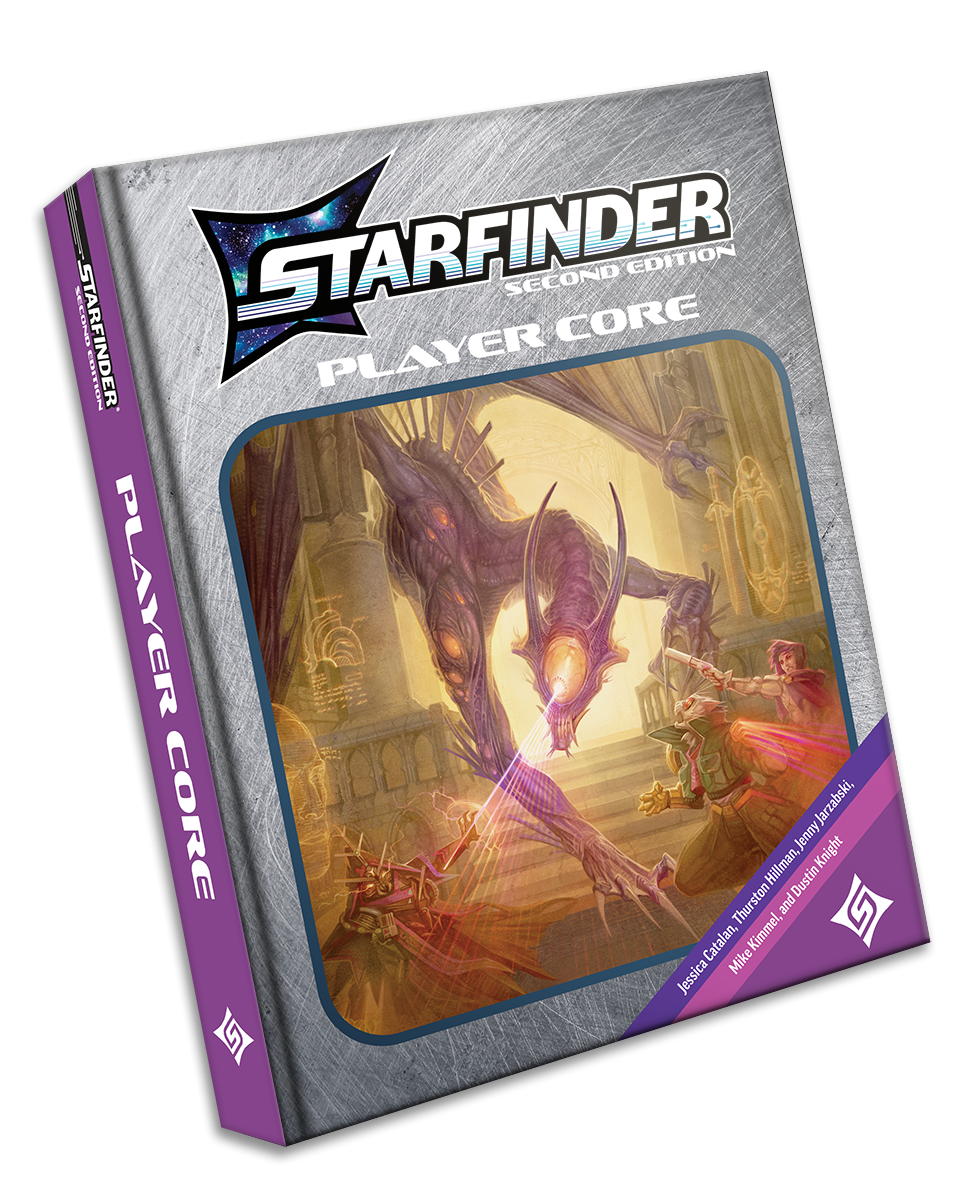 Starfinder Second Edition Player Core rulebook cover with adventurers battling a large purple alien creature in ruins