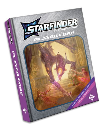 Starfinder Second Edition Player Core rulebook cover with adventurers battling a large purple alien creature in ruins