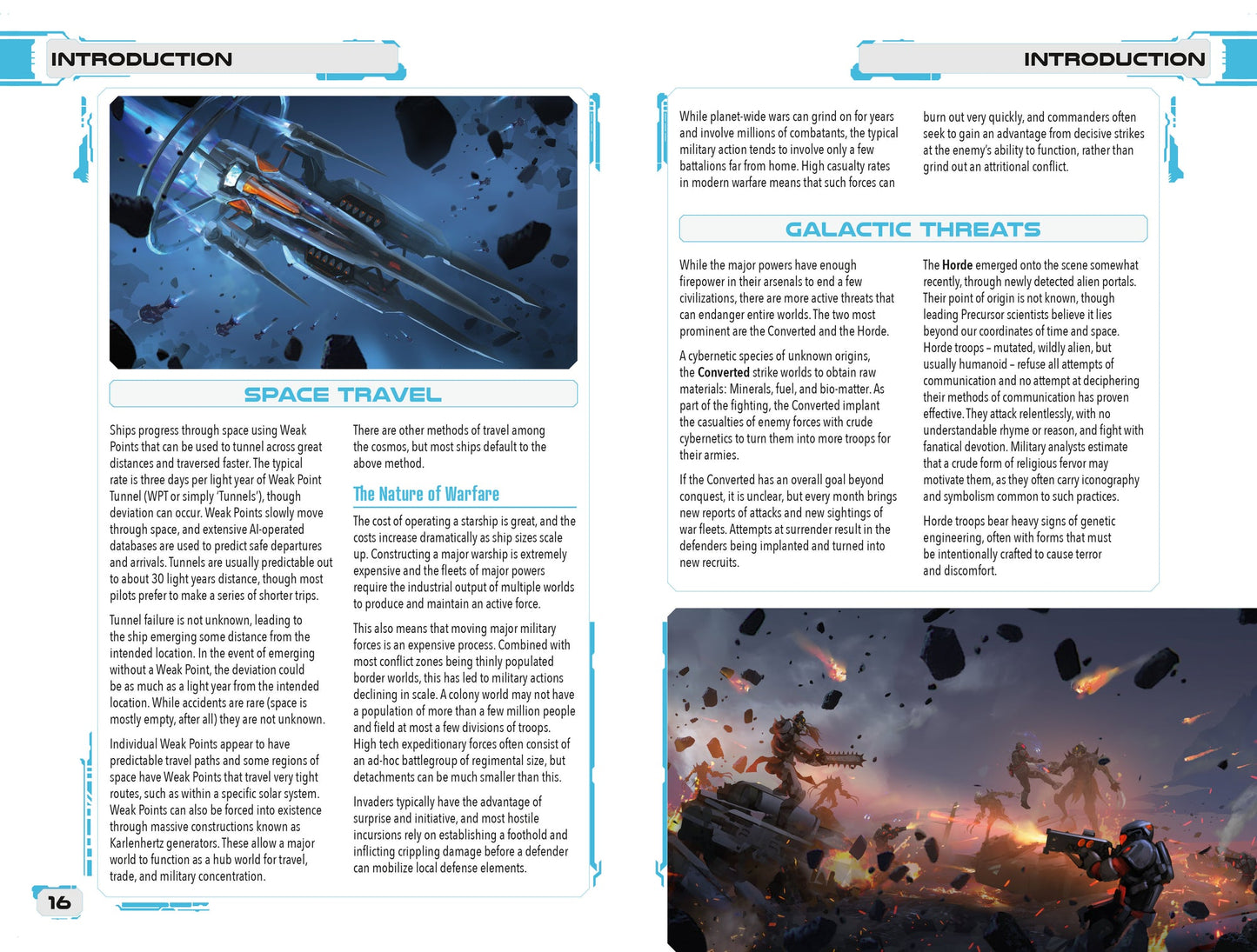 Sci-fi page: A spaceship navigates asteroids, while armored soldiers fight alien monsters on a rugged planet