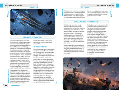 Sci-fi page: A spaceship navigates asteroids, while armored soldiers fight alien monsters on a rugged planet