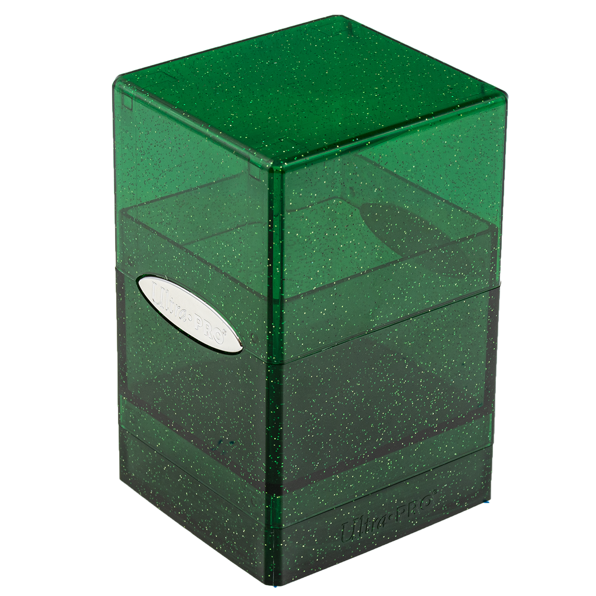 A glittery green, translucent Ultra-PRO deck box stands upright