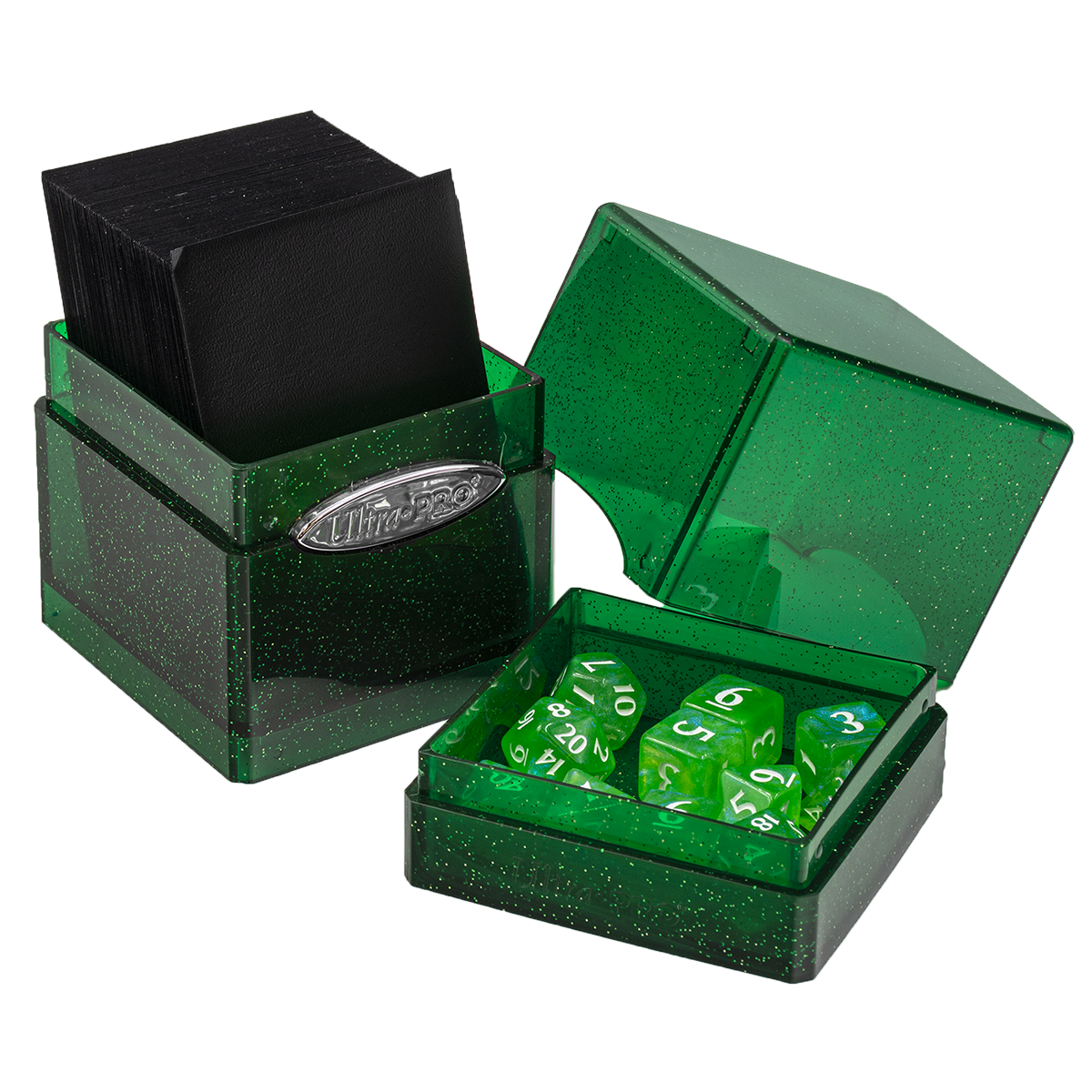 An Ultra-Pro green glitter deck box, open, containing black sleeved cards and a tray of translucent green dice