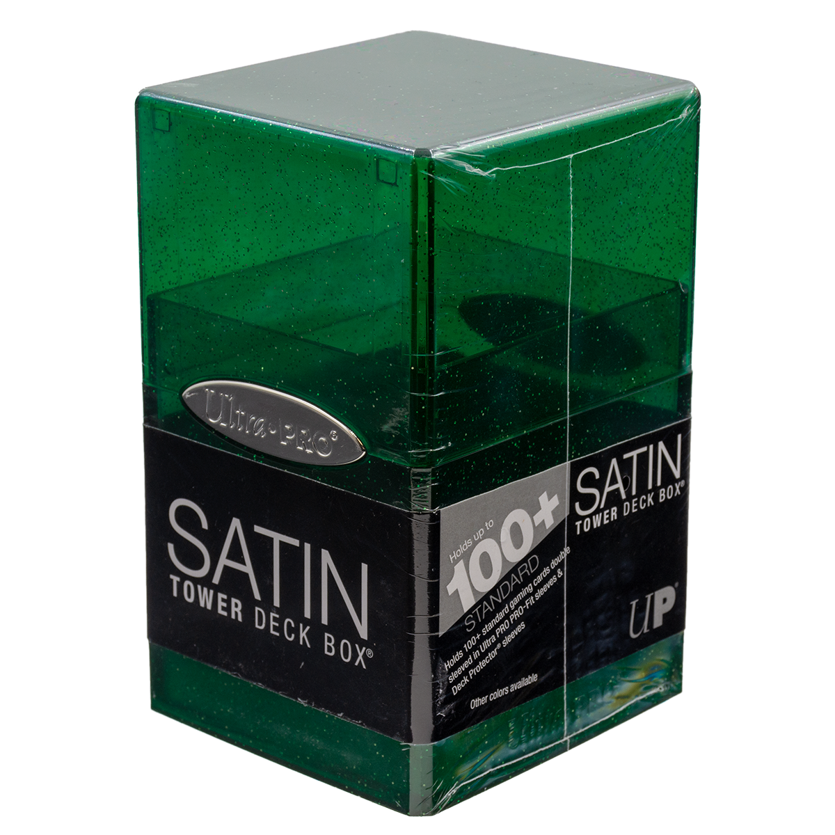 Glittery green Ultra-Pro Satin Tower Deck Box, holds 100+ gaming cards, new in packaging