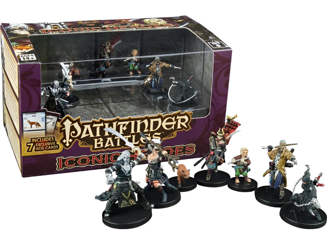 Pathfinder Battles Iconic Heroes box with fantasy miniatures inside, plus seven painted character figures displayed outside