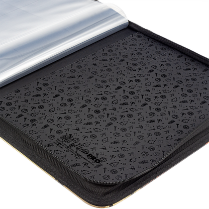 Open black trading card binder revealing clear empty sleeves and a dark interior patterned with fantasy icons, including a visible Ultra PRO logo