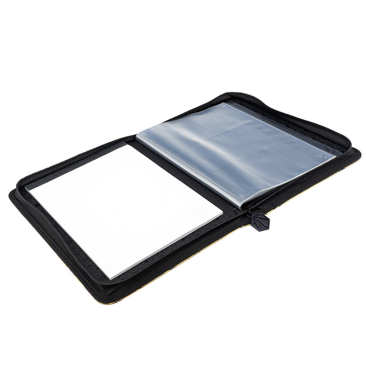 Open black zippered portfolio containing a white notepad and clear card sleeves