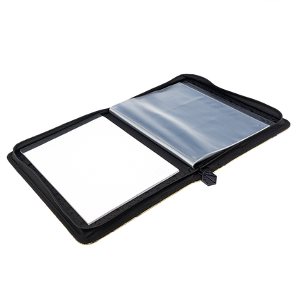 Open black zippered portfolio containing a white notepad and clear card sleeves