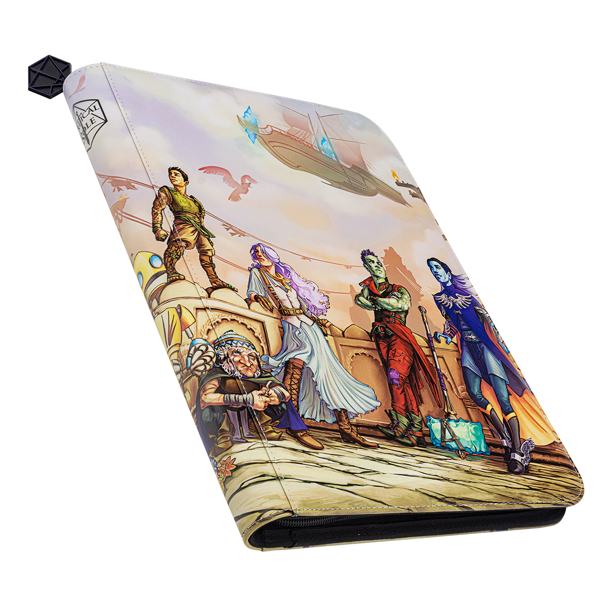 A folded RPG mat/case displays a vibrant fantasy illustration of five adventurers. A black D20 die peeks from the corner