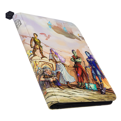 A folded RPG mat/case displays a vibrant fantasy illustration of five adventurers. A black D20 die peeks from the corner