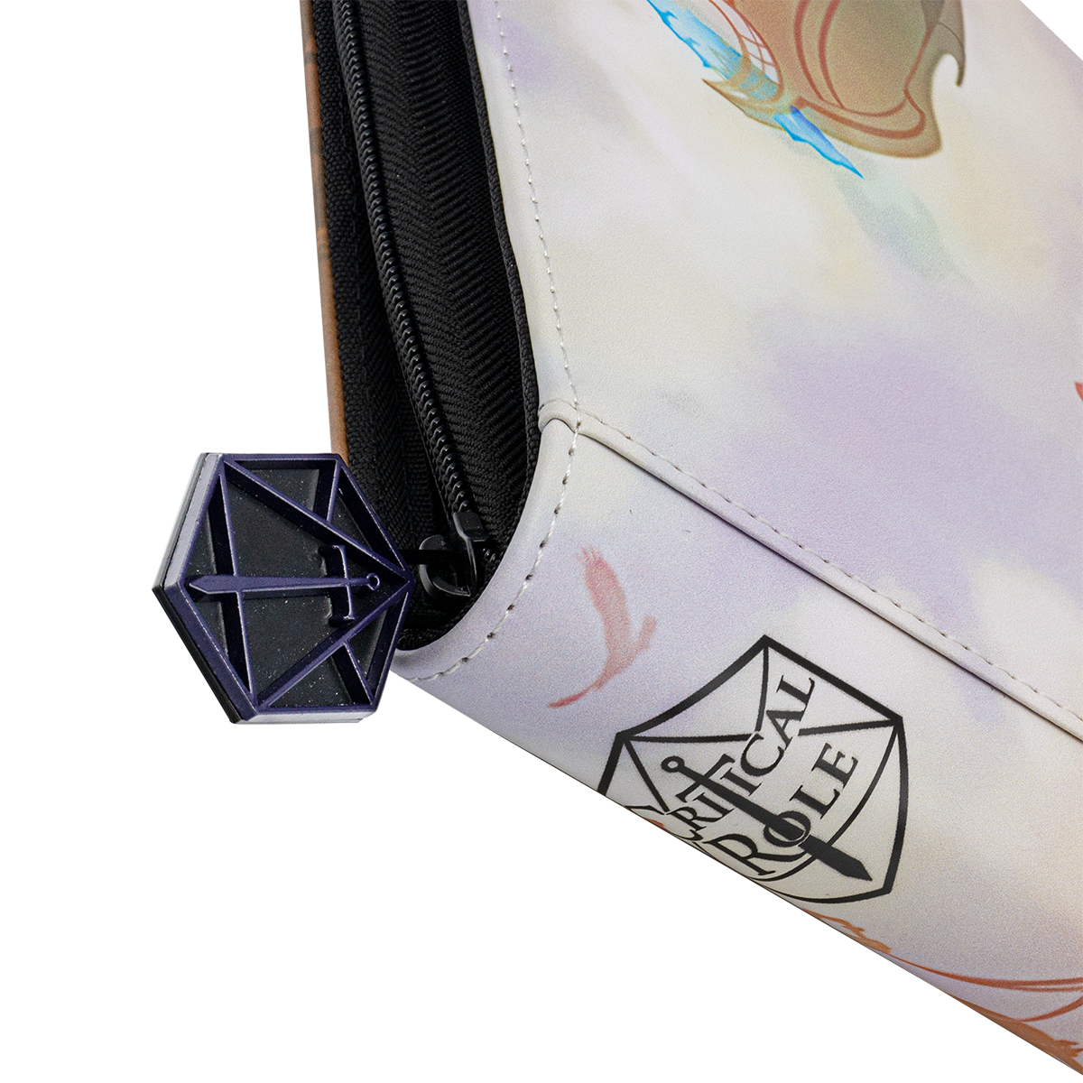 A white Critical Role zippered case with a D20 logo and a purple D20 sword-shaped zipper pull