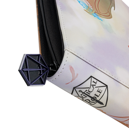 A white Critical Role zippered case with a D20 logo and a purple D20 sword-shaped zipper pull