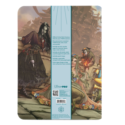 Critical Role TTRPG folio depicting fantasy art: a pale, dark-clad character and a green-haired faun-like woman with a monkey