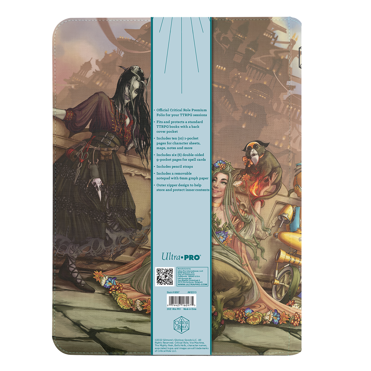 Critical Role TTRPG folio depicting fantasy art: a pale, dark-clad character and a green-haired faun-like woman with a monkey