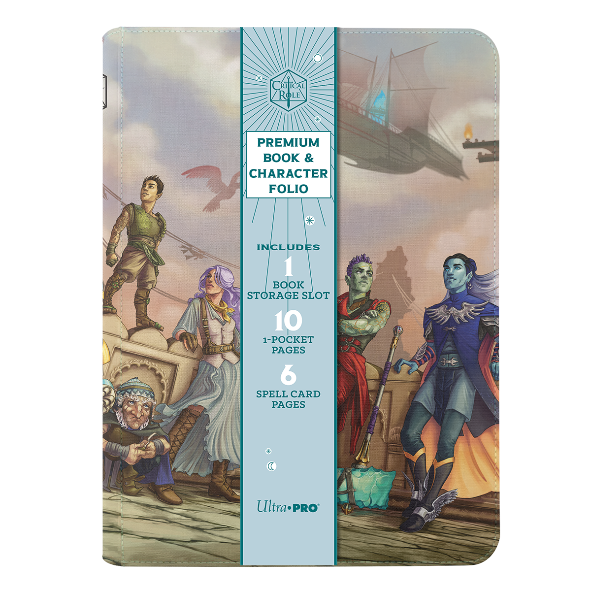 Critical Role Premium Book &amp; Character Folio featuring diverse fantasy characters on a ship deck, with a flying ship