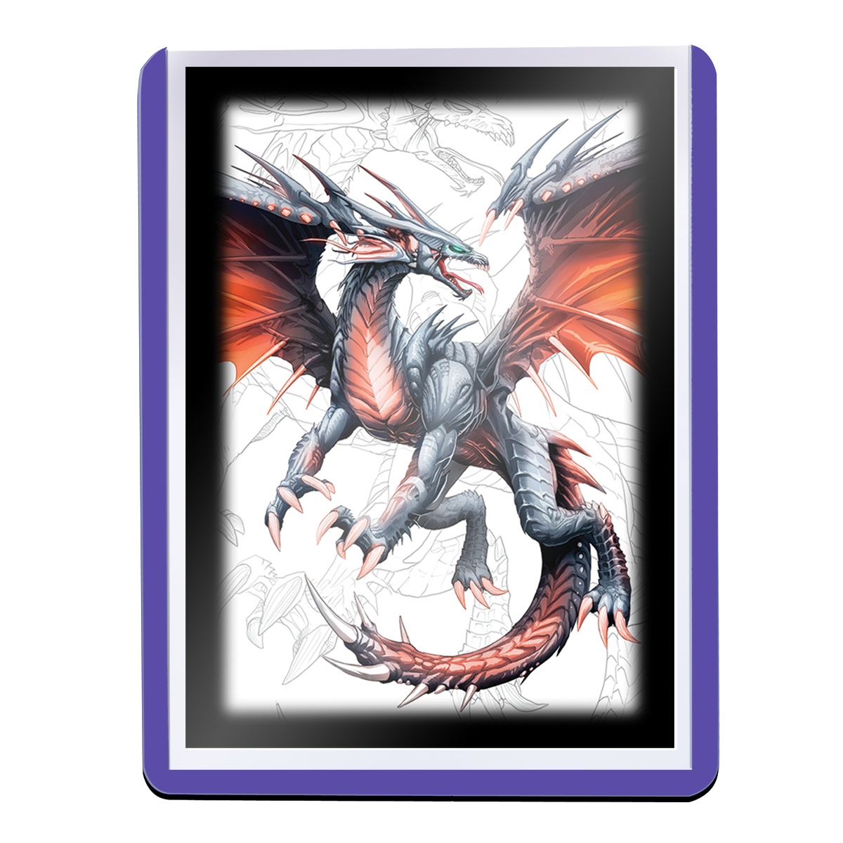 Grey and red fantasy dragon with glowing wings, roaring dynamically, inside a purple card sleeve