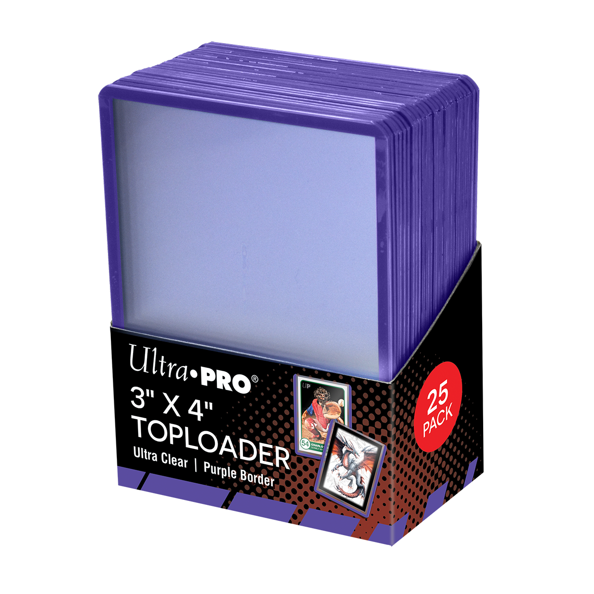 A 25-pack of Ultra PRO 3x4-inch clear toploaders with purple borders, for protecting trading cards