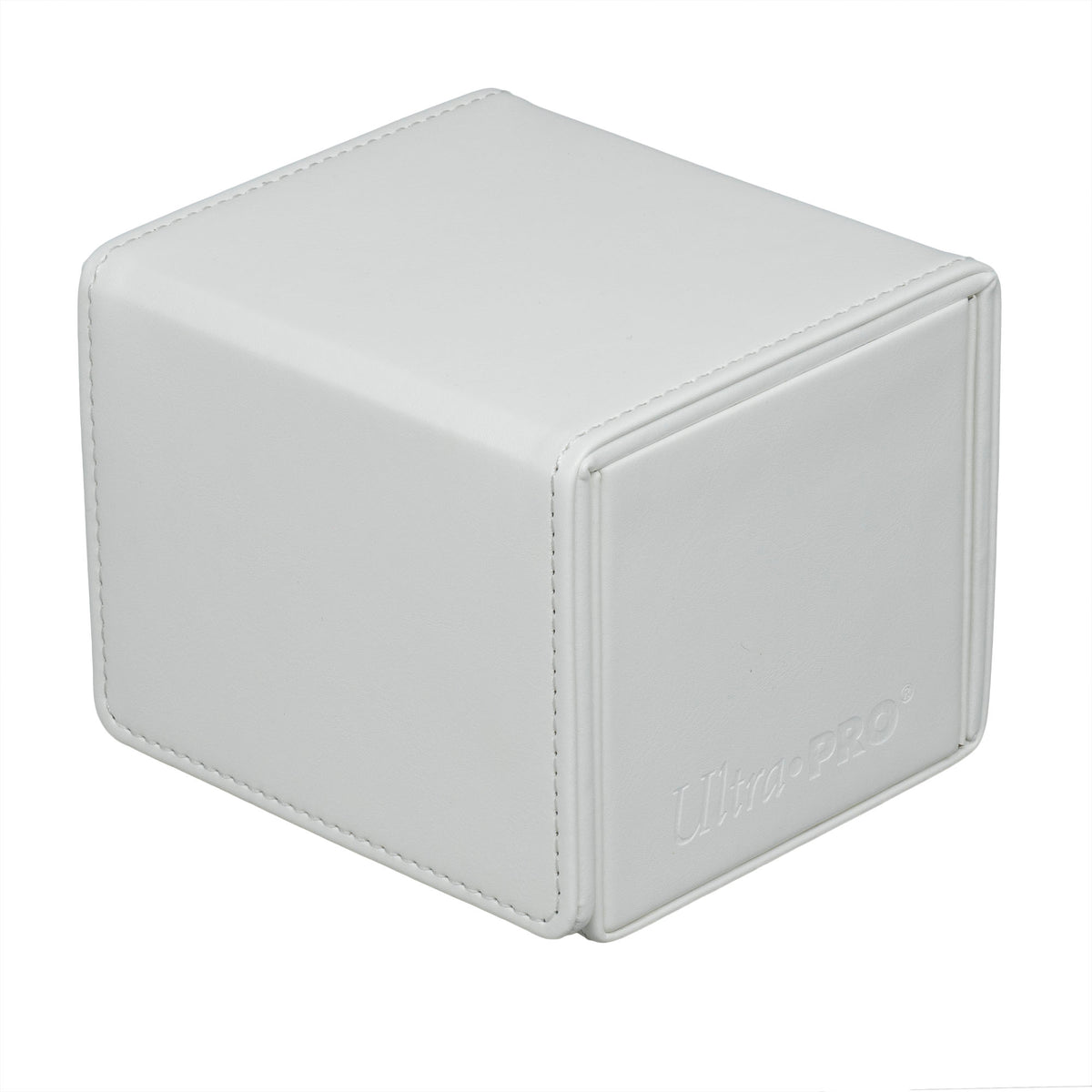 White faux leather Ultra-Pro card storage box with debossed logo and stitched edges