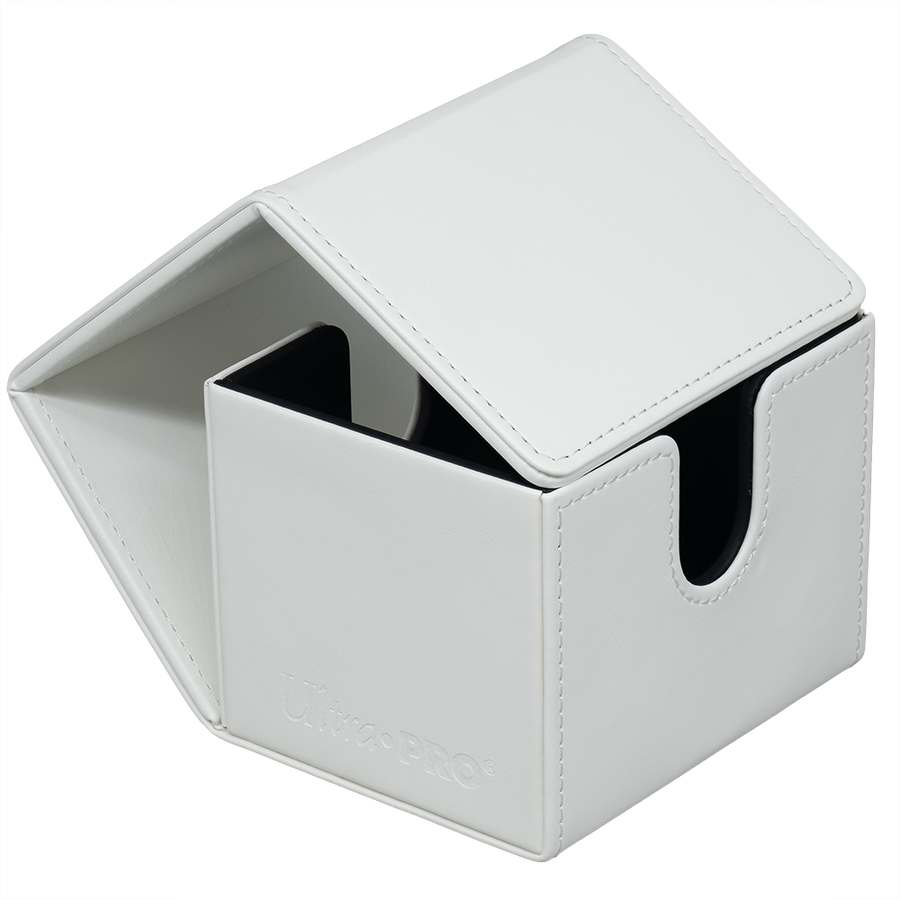Open white Ultra-Pro deck box, revealing black interior, magnetic lid, and stitching, features a debossed Ultra-Pro logo, ideal for TCG card storage