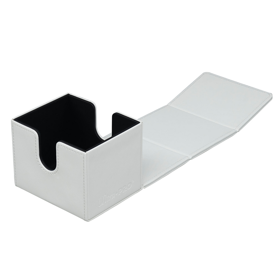 White Ultra PRO rectangular deck box with black interior, a front card slot cutout, and an unfolded hinged lid