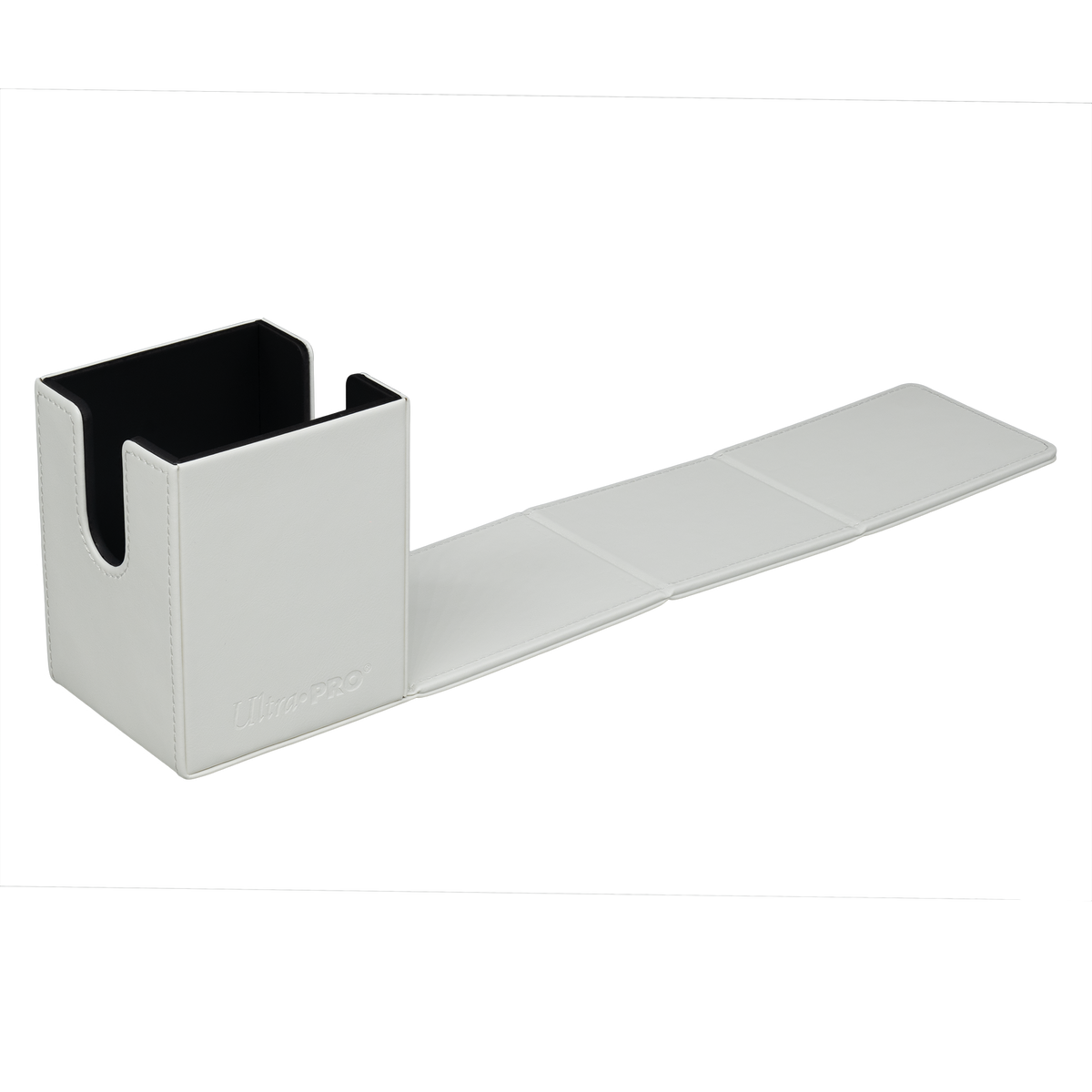 White Ultra-PRO deck box, open with black interior and its long magnetic lid unfolded