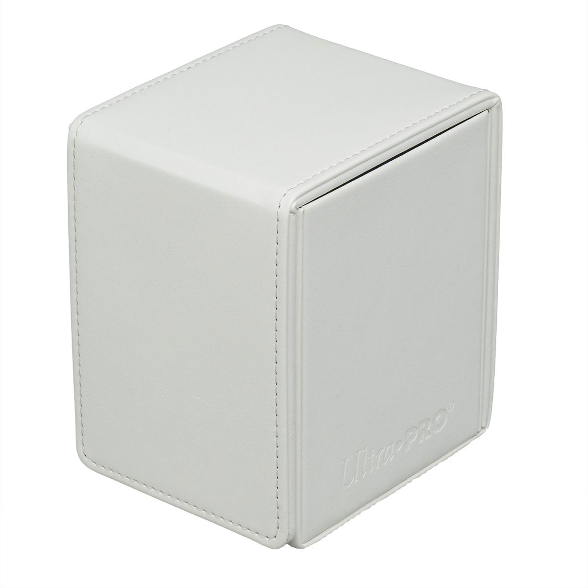 A white rectangular Ultra PRO deck box made of leather-like material with stitched seams