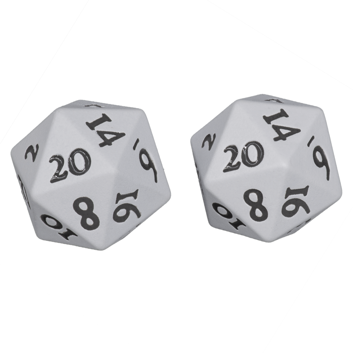Two white 20-sided Ultra Pro Vivid Heavy Metal Dice  prominently showing the number 20 on a green background