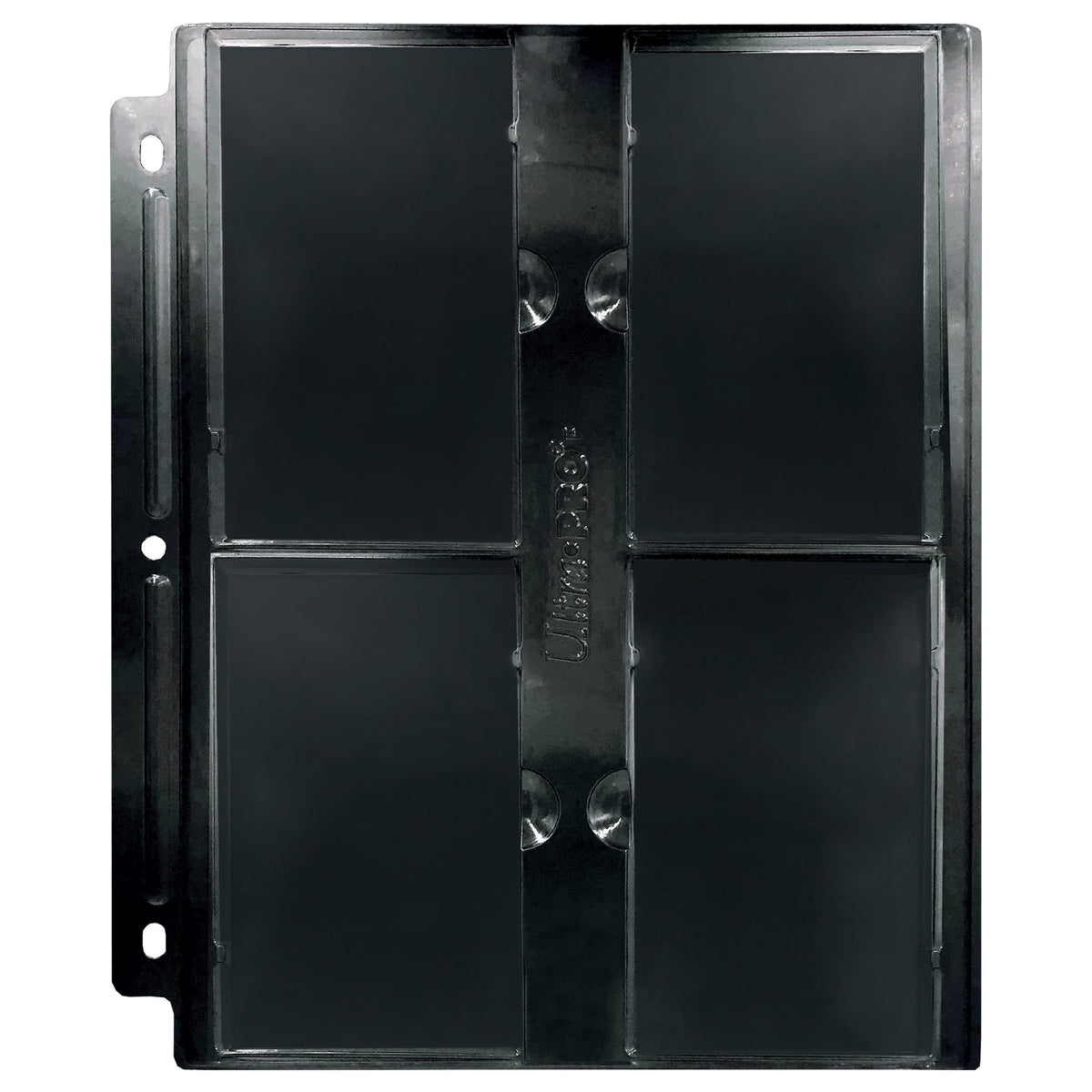 Black Ultra Pro 4-pocket card protector page with 3 binder holes on the left