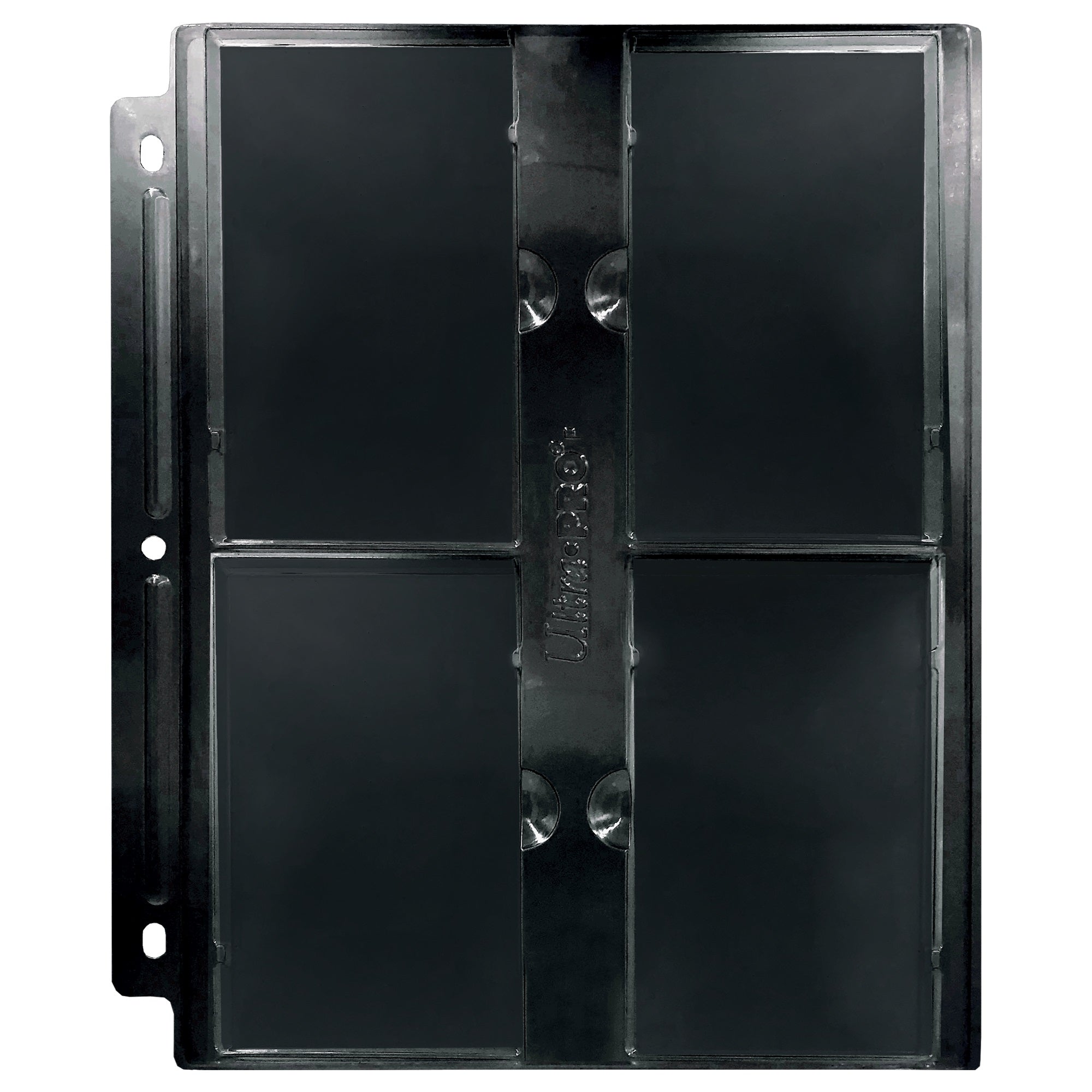 Black Ultra Pro 4-pocket card protector page with 3 binder holes on the left