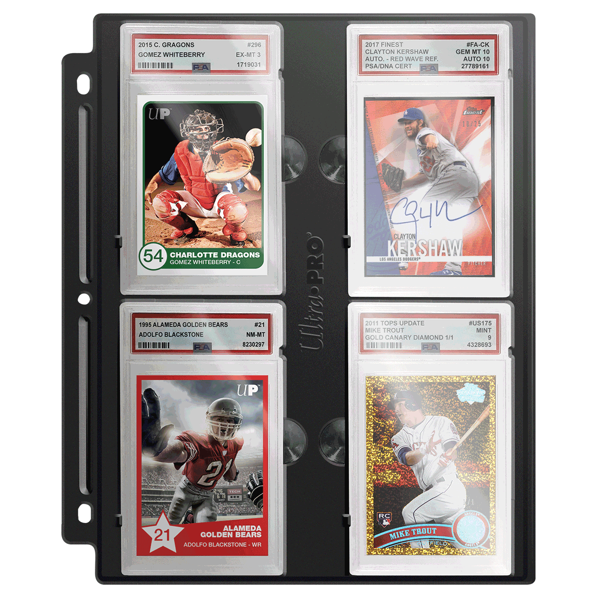 Four graded baseball and football cards displayed on a black Ultra PRO page