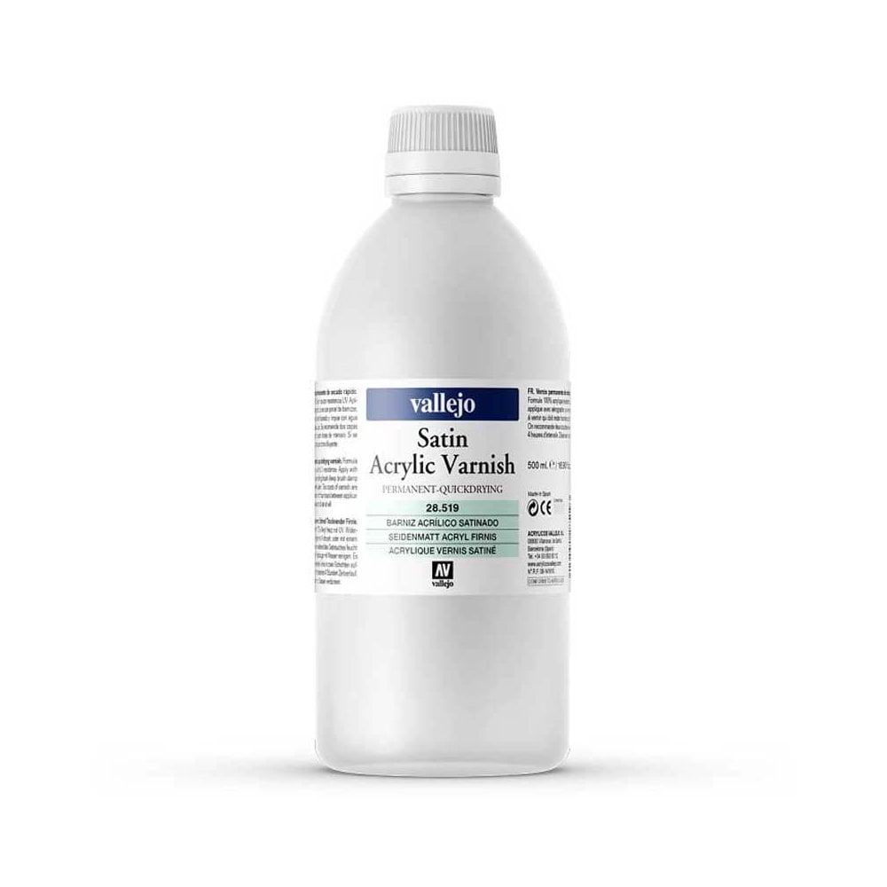 Vallejo Satin Acrylic Varnish (500ml) in a white plastic bottle