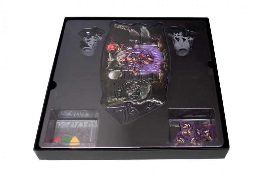 Etherfields 5th Player Expansion board game box interior displaying game pieces character standees red and yellow tokens and purple numbered tiles