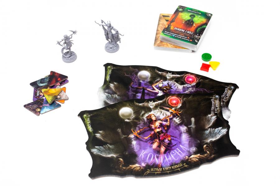 Etherfields 5th Player Expansion board game set with two large character boards detailed miniature figures a stack of vibrant playing cards and small colorful plastic tokens