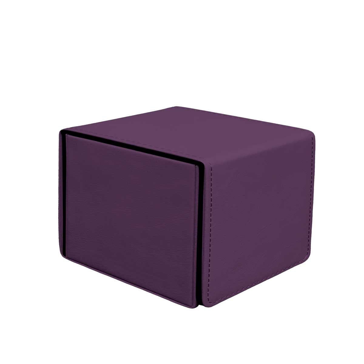 A purple textured storage box with stitched edges and a front panel